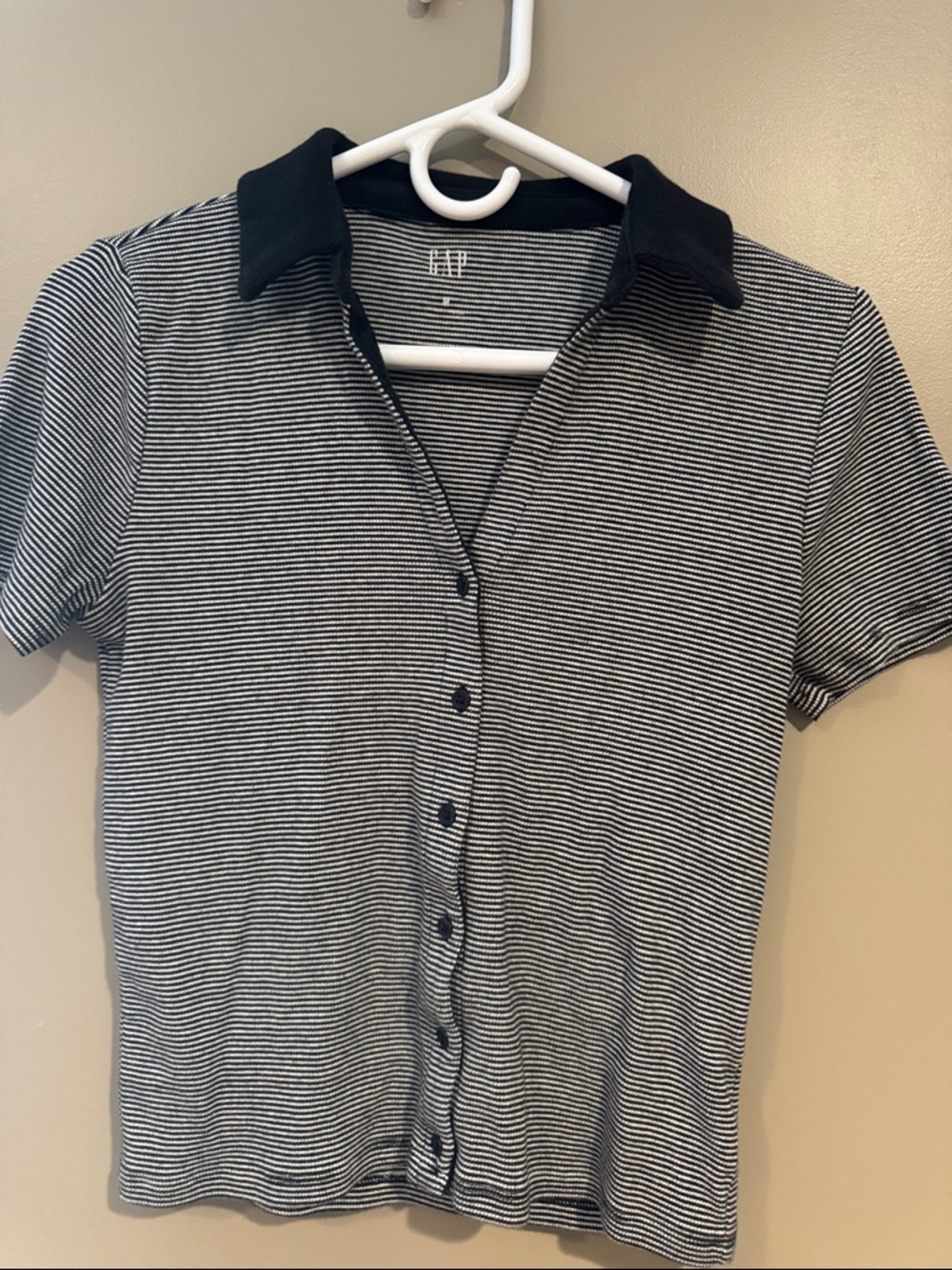 GAP Black & White Striped Polo Button-Up Top